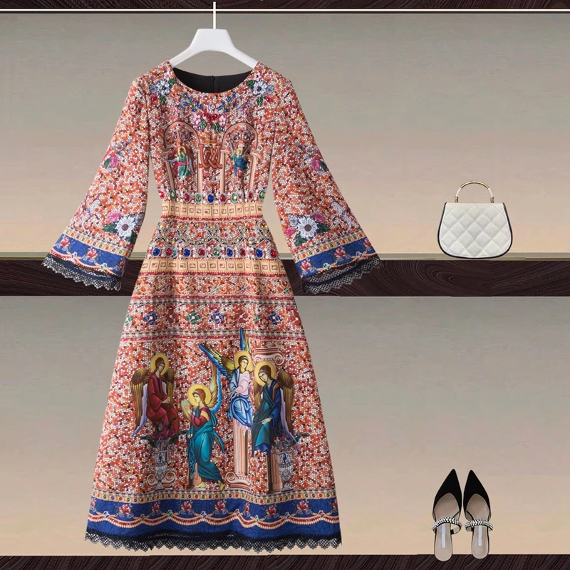 

Spring New High Quality Women's Print Vintage Diamond Gorgeous Designer Slim Fashion Casual Party Sexy Office Midi Dress