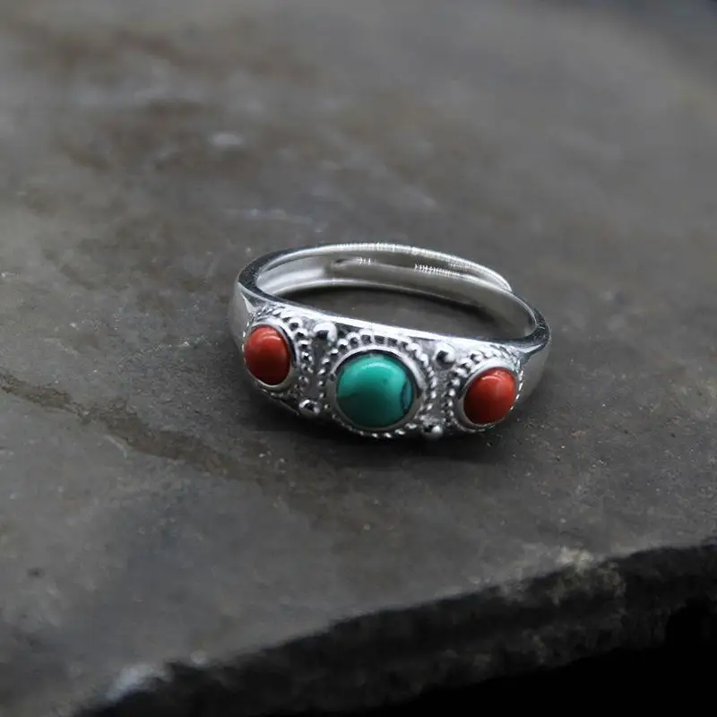 

Kedoria New Ethnic Style Silver Ring Tibetan Characteristic Ring Inlaid Turquoise Index Finger Ring Jewelry Accessories
