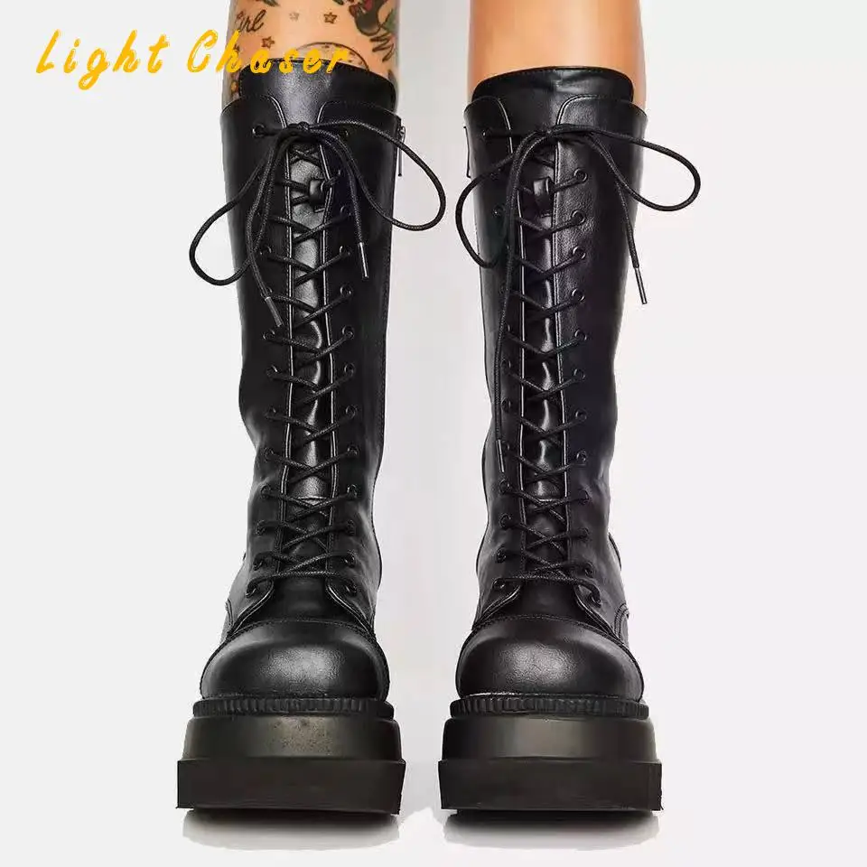 Brand Design Big Size 43 Black Gothic Style Cool Punk Motorcycles Boots Female Platform Wedges High Heels Calf Boots Women Shoes
