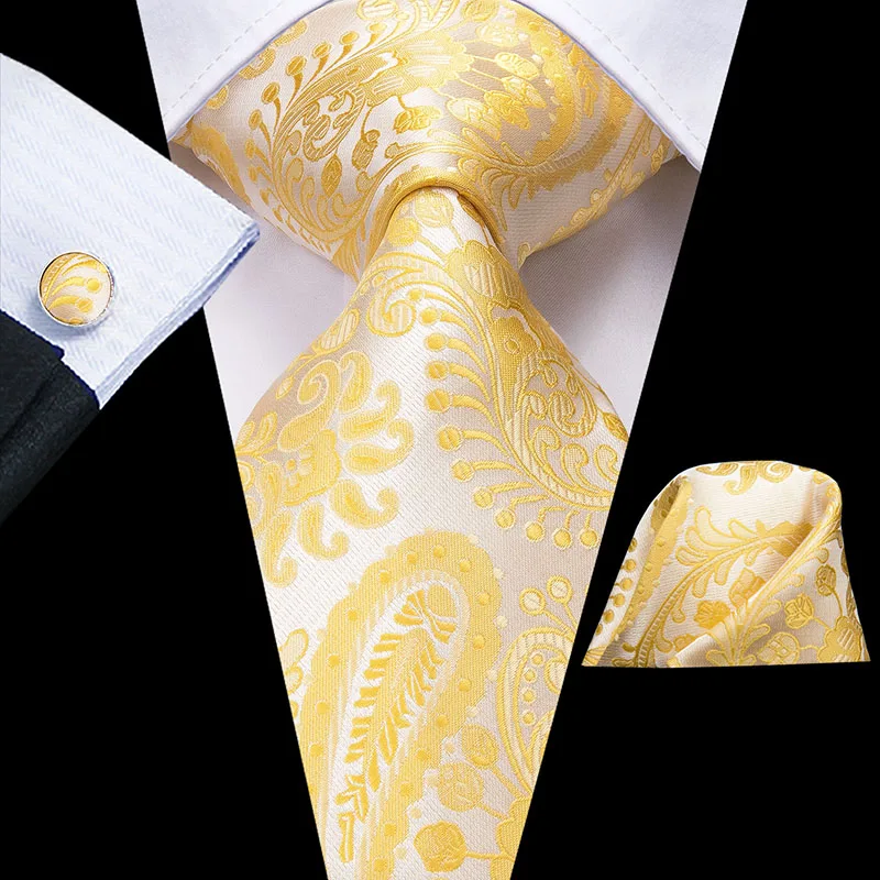 SN-1036 желтый цветочный галстук Hanky запонки набор мужские шелковые золотистые галстуки для мужчин Официальный Мужской Галстук Свадебная вечеринка Жених Corbatas - Цвет: SN-3234