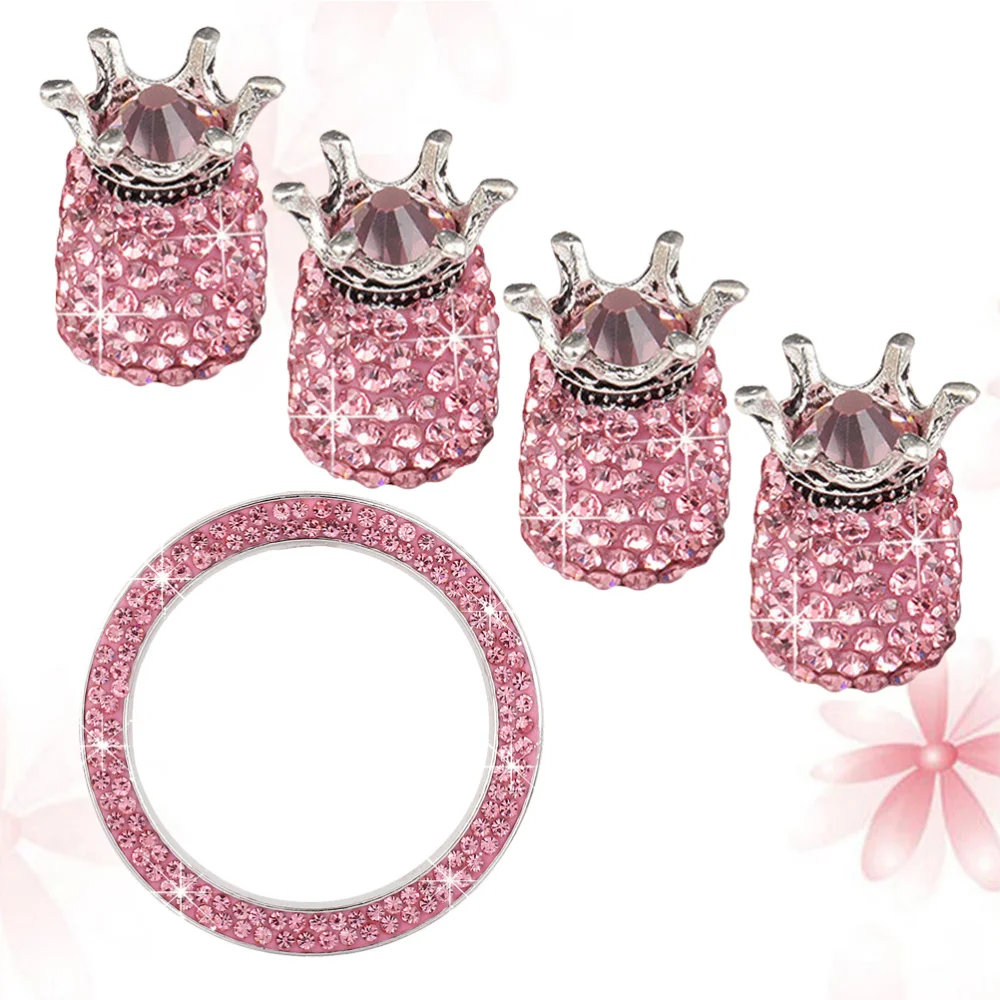 

5PCS/Set Universal Crown Shape Rhinestone Car Start Key Tire Dust Caps Decoration Auto Stem Caps Ignition Button Ring (White)