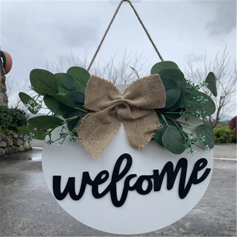 

Welcome Sign with Garland Door Decoration Black Wooden Hanging Sign with Bow 12 Inch Round Outdoor Hanging Welcome Sign Pendant