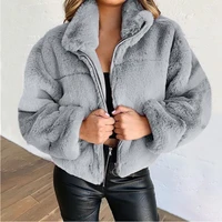 vintage women warm jacket 2021 winter fashion fluffy solid color turn down long sleeved plush zipper coat casual loose outerwear