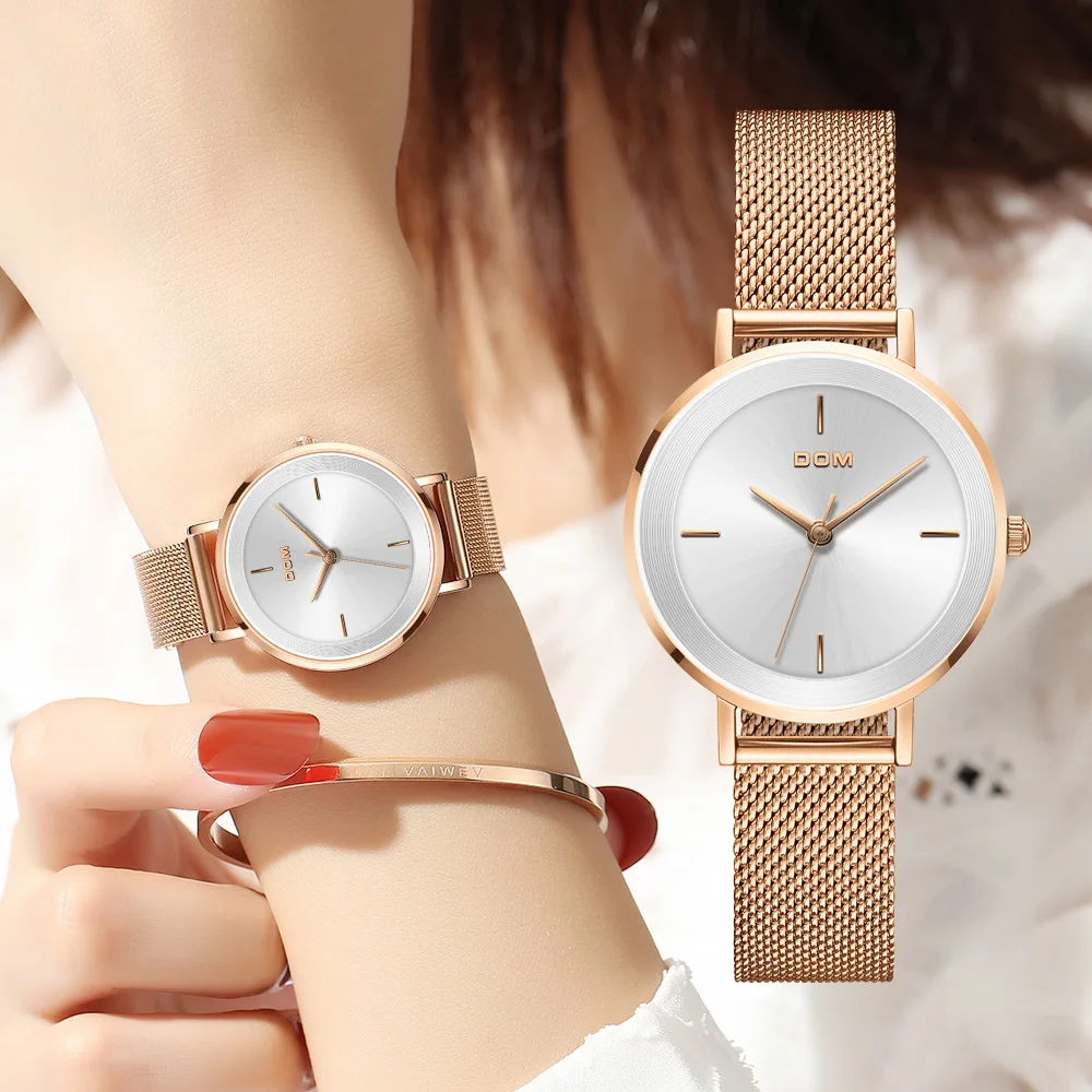 DOM новые женские роскошные брендовые часы простые Кварцевые водонепроницаемые