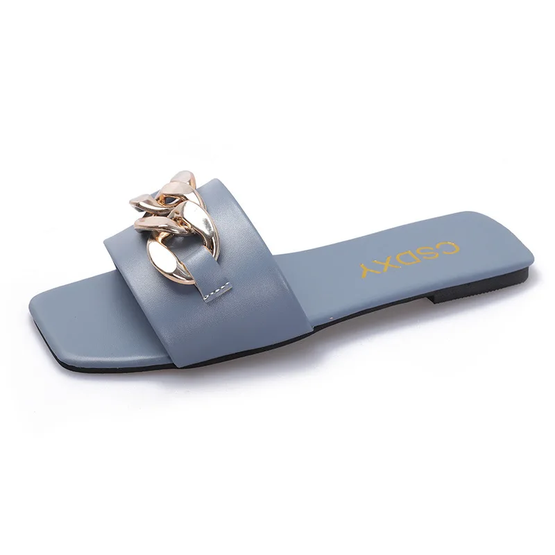 

2021 Women Summer Slipper Square Metal chain Toe Chain Slippers Slip on Flat Slide Sandals Beach Casual Shoe Ladies Big Size 42