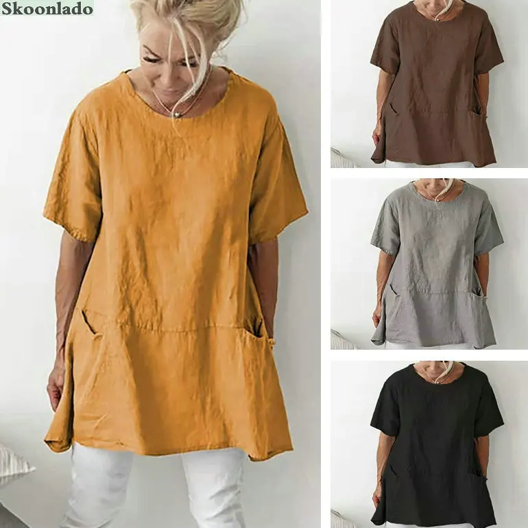 

Plus size women cotton linen tops Summer Women's Shirt Loose Large Size Round Neck Short Sleeve Pocket Tops female clothes good