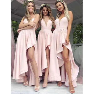 Satin Spaghetti Straps Prom Dresses V Neck Pink Evening Dress Asymmetrical robe de soiree Long Party Gowns vestidos formales