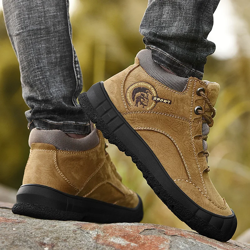 

Large Size Natural Leather Men Boots Shoes Adult Quality Waterproof Plush Ankle Snow Non-slip Winter
