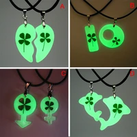 2 pcs new clover luminous couple necklaces heart shape pendant necklace natural dried flower glow in the dark jewelry gift