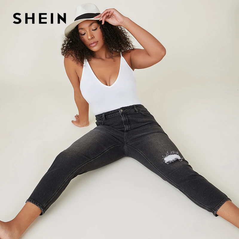 

SHEIN Plus Size High Waist Ripped Skinny Jeans Women Spring Autumn Zipper Fly Denim Pencil Cropped Pants Casual Jeans