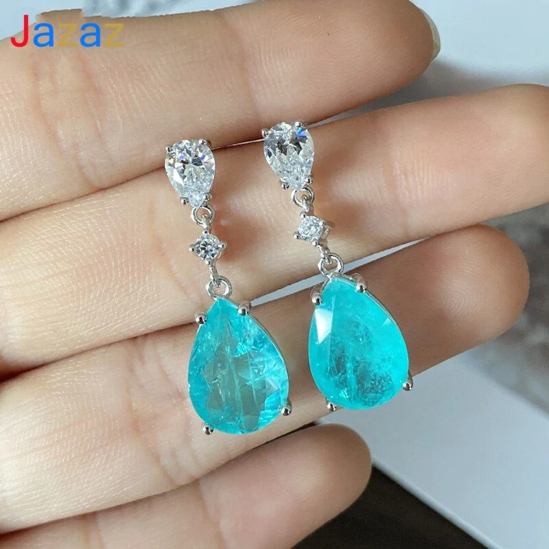

Jazaz 100% 925 Sterling Silver Water Drop Synthetic Paraiba Tourmaline Drop Earrings Women Sparkling Party Fine Jewelry B0594