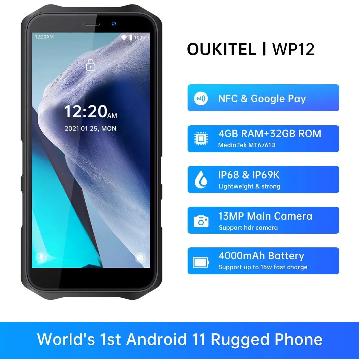 

Oukitel WP12 Rugged IP68/69K Smart Phone Android11 4GB+32GB 4000mAh 5.5'' HD+500W/1300W 13MP Camera Phone Quad Core Cellphone