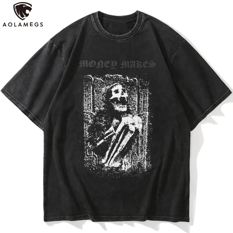 

Aolamegs T-shirt Men Horror Skull Skeleton Short Sleeve Men's Tee Shirt High Street Diablo Style Casual Oversized Top Streetwear
