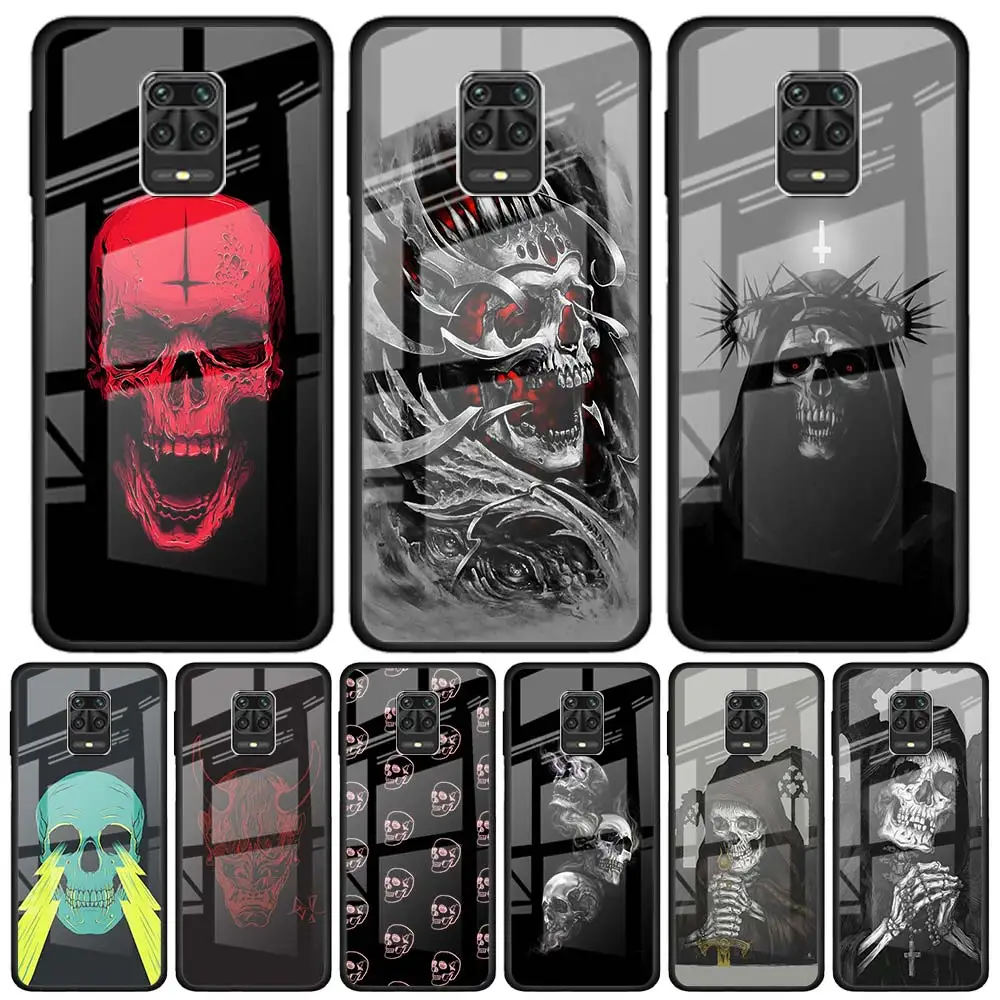 

Glass Case for Xiaomi Redmi Note 9S 10 11 8 9 Pro 8T 9T 10S 11S K40 Pro 8A 9A 9C Phone Cover Satanic Skull dark