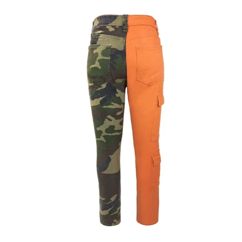 2022 Color Block Hole Ripped Hip Hop Men Slim Cargo Jeans Trousers Orange Camouflage Zipper Military Pencil Denim Pants Spodnie