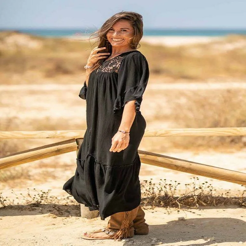 

2021 Bikini Cover-ups Black Cotton Tunic Summer Beach Dress Women Plus Size Beach Wear Swim Suit Cover Up Robe Summer Dress