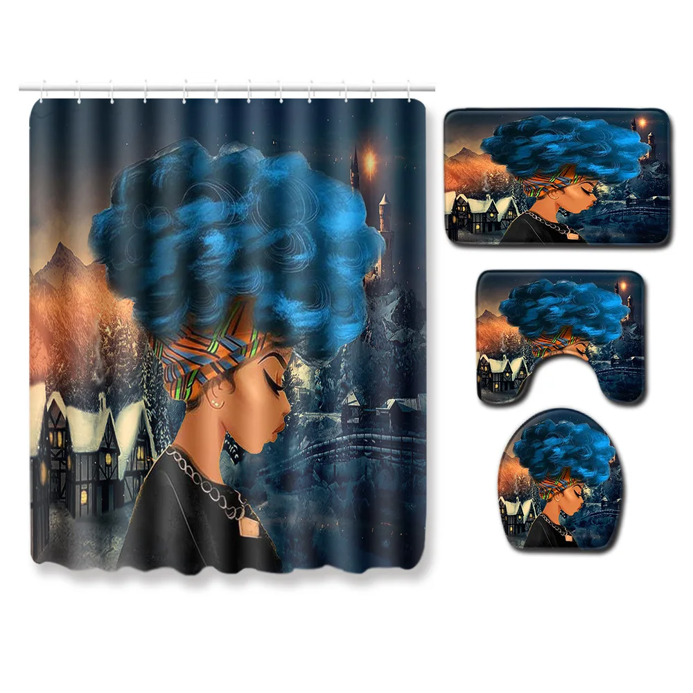 

Christmas Curtain Waterproof Shower Curtain 4pcs Bath Mat Set Non-slip Bathroom Doormat Toilet Cover Seat Mat Absorbent Foot Mat