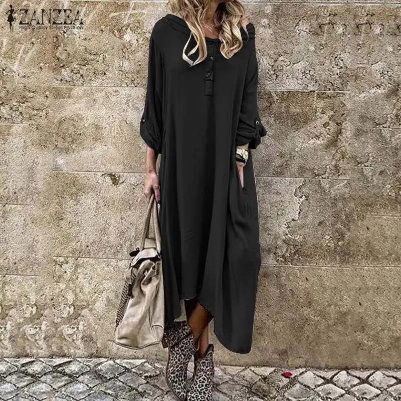ZANZEA Autumn Hoodies Sundress Women Solid Long Sleeve Shirt Dress Casual Loose Work Vestido Dresses Kaftan Robe Femme 7 | Женская