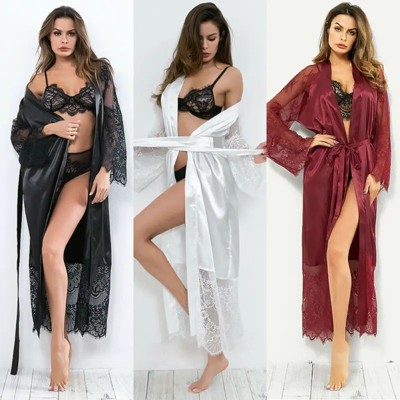 Women Bathrobe Sleepwear Lace Satin Lingerie Long Sleeve Babydoll Nightie Robes Sleep for Woman Kimono Dresses Plus Size | Женская