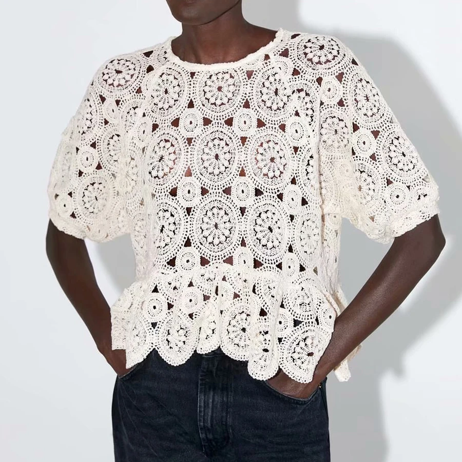 TEELYNN выдалбливают кружева блузка для женщин Бежевый Винтаж с буфами и короткими