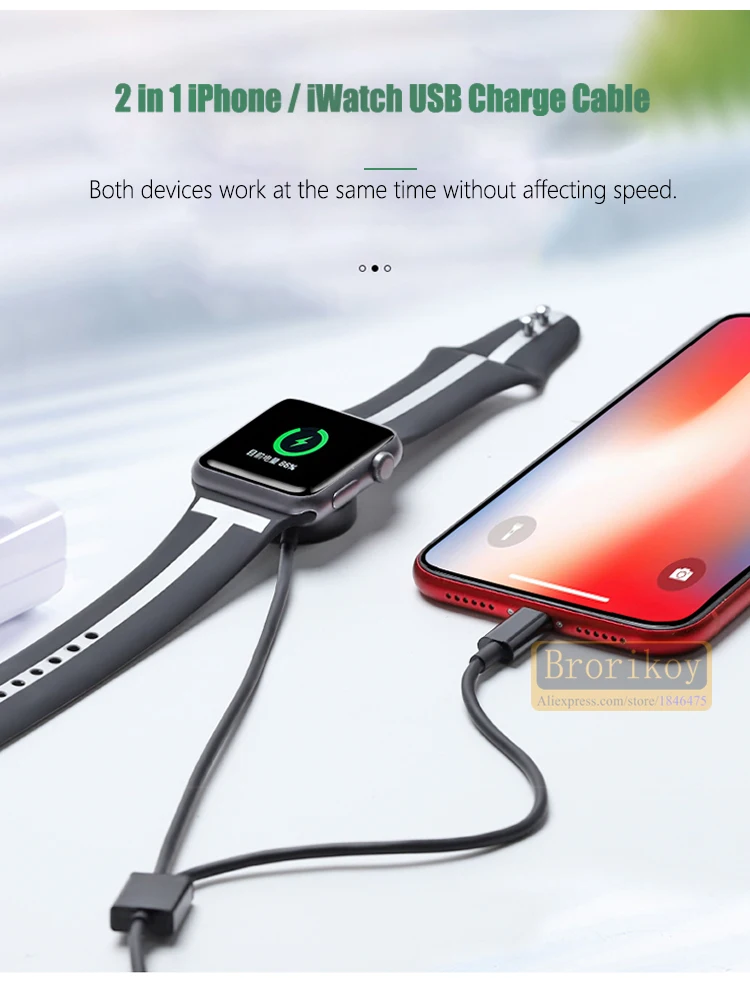 Беспроводное зарядное устройство для iPhone X XR 6 7 8 Plus Apple Watch Series 1 2 3 4 Магнитный зарядный кабель 2 в 1 3,3 футов/1 метр