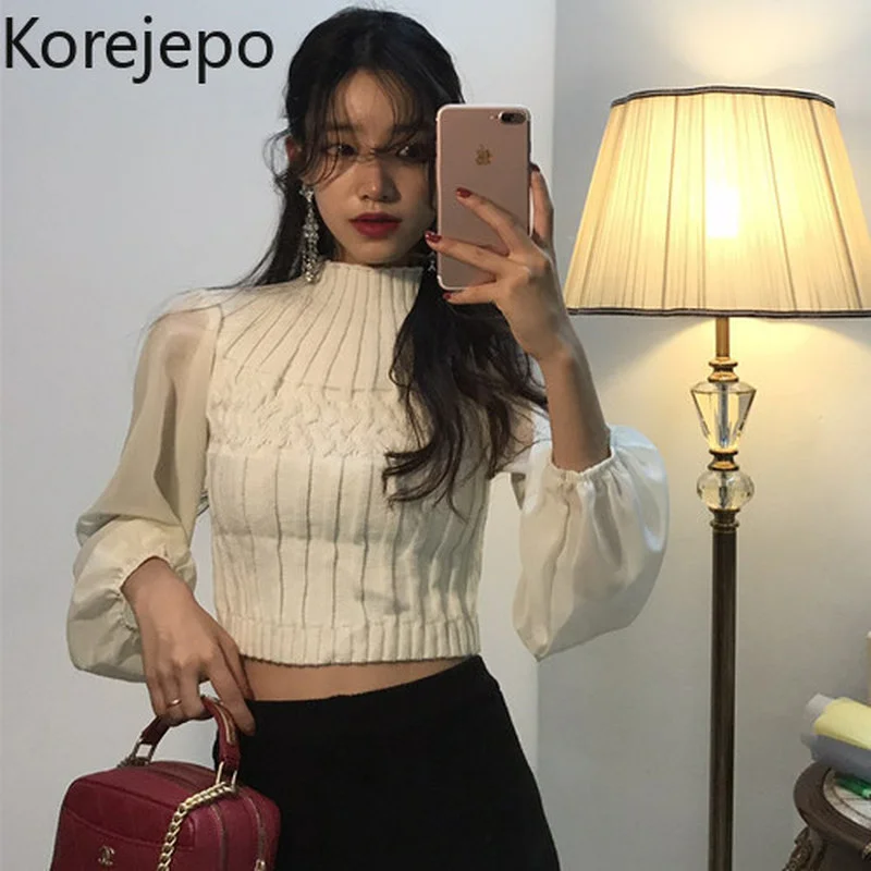 

Korejepo Women Sweater 2021 Autumn New Korea Chic Retro High Waist Stitching Lantern Sleeve High Waist Knitted Top Short Sweater