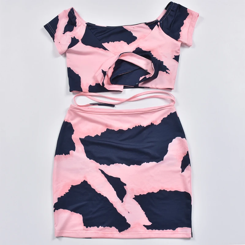 2021 Women Two Piece Sets Summer Print Skirts Sets Female Short Sleeve V Neck Crop Tops Blouse and Mini Skirt Harajuku Clothing