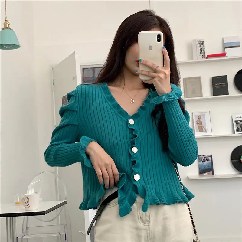 

Spring Autumn Cardigan Women Ruched Solid Color Long Sleeve Single Breasted Vintage Korean Style Knitted Sweater Crop Tops M28