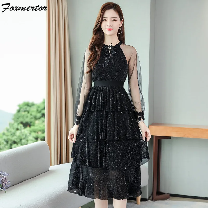 2021 осеннее платье в Корейском стиле элегантное Сетчатое платье-торт с вышивкой
