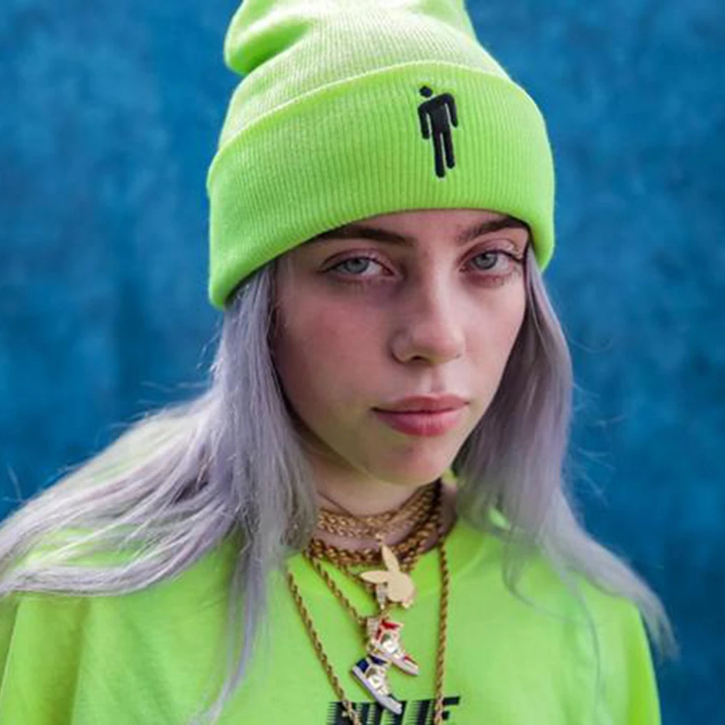 Tea Green Billie Eilish, шапка в стиле хип-хоп, женские неоновые зеленые кепки, Модная вязаная шапочка с вышивкой, шапки Skullies, уличная шапка, капот, 18 цветов - Цвет: Tea Green