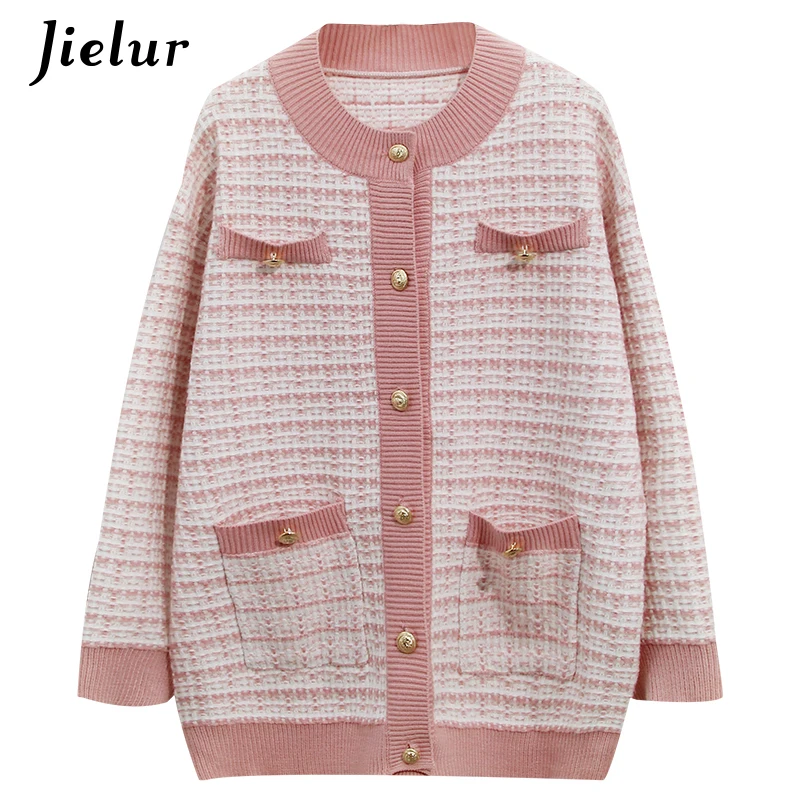 

Jielur Plaid Knitted Jacket Women Patchwork Autumn Coats Femme Pocket Button 2020 Chic New Winter Long Sleeve Jacket Pink