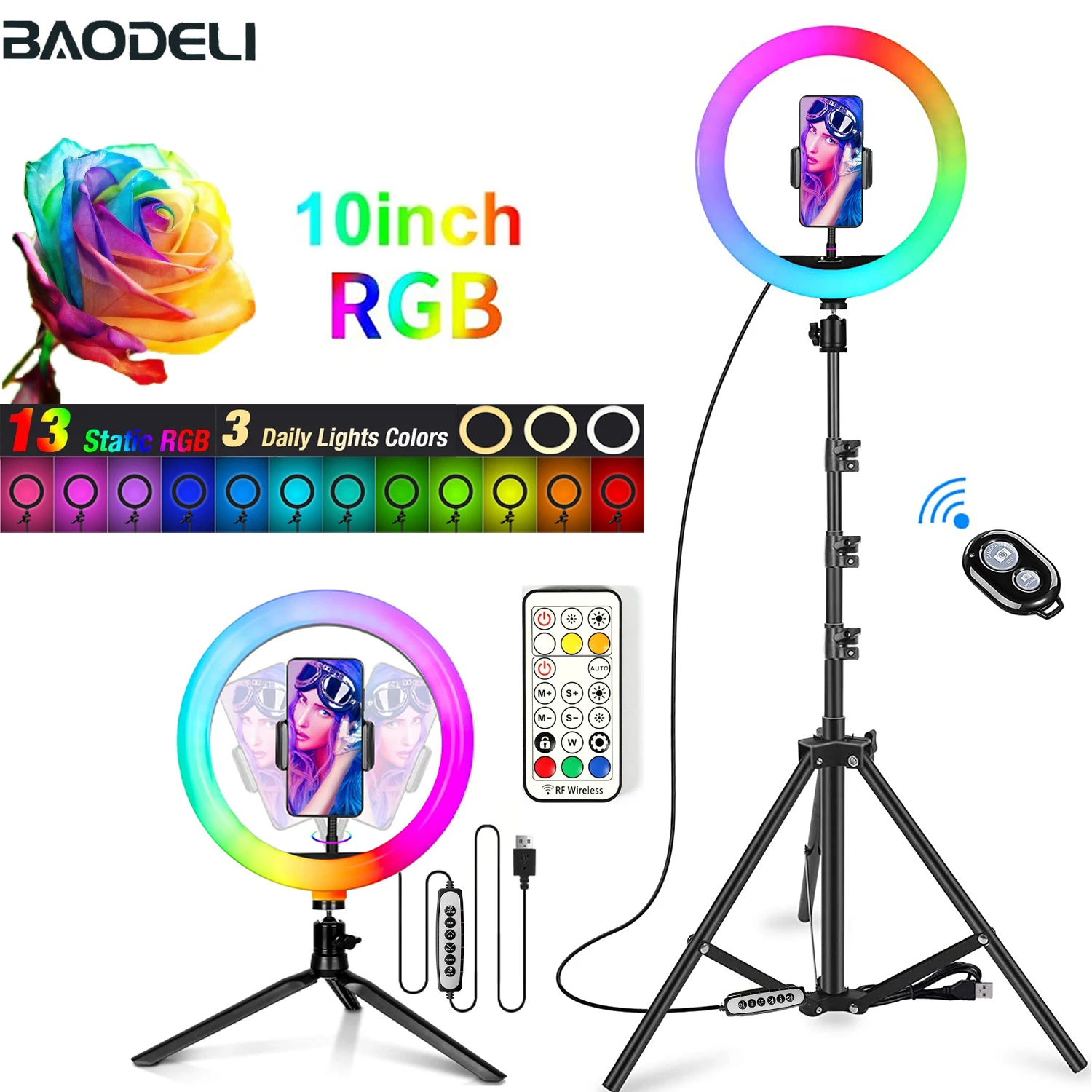 

10in RGB LED Selfie Ring Light Photography RingLight Tripod Phone Stand Holder Circle Fill Light Dimmable Lamp Trepied Makeup