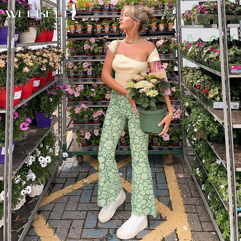 

Weekeep Harajuku Elastic High Waist Pants Women Casual Pants Floral Jogger Capris Summer Green Sweatpants New Aesthetic Trousers