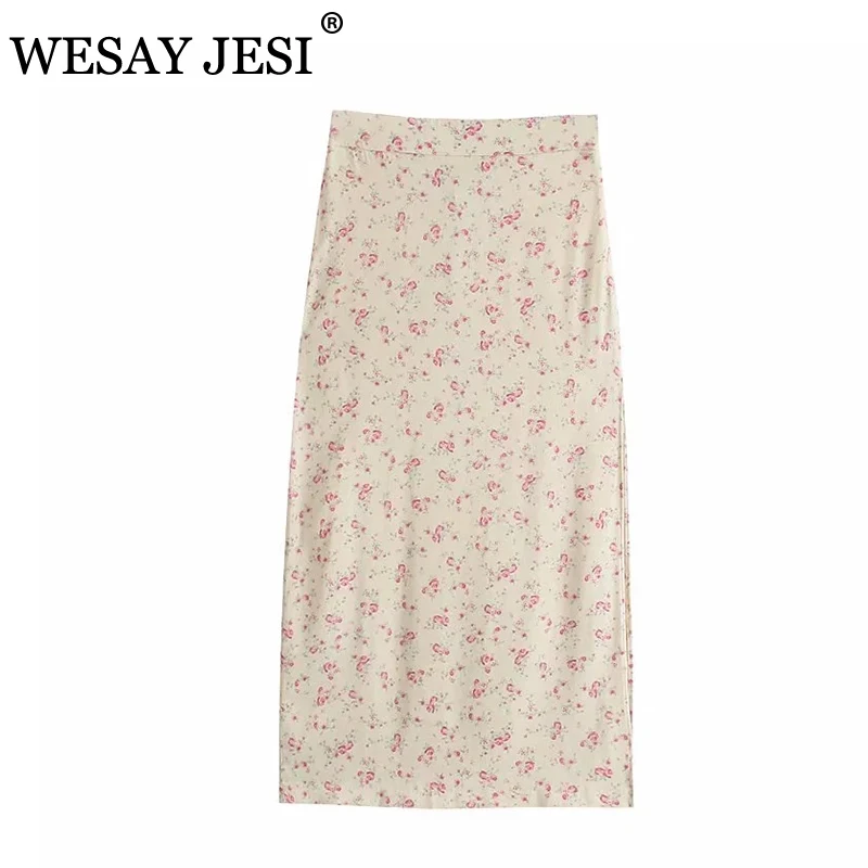 

WESAY JESI Fashion TRAF Long Skirts Summer Chic Sexy A-Line High-Waisted Skirt Vintage Floral Print Woman Clothes Office Lady