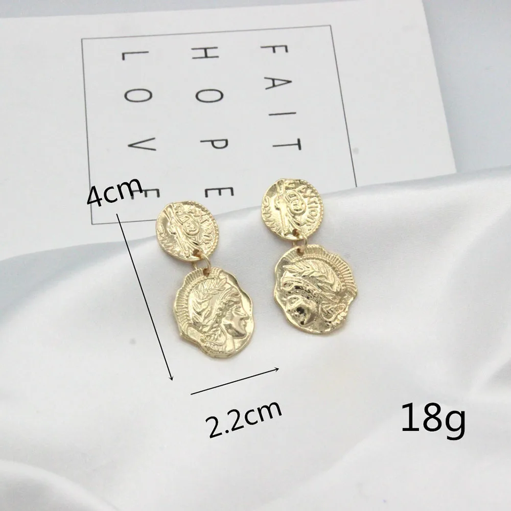 

Vintage Engraved Coin Portrait Drop Earrings for Women Figure Face Gold Brincos Pendant Statement Earring Pendientes Jewelry