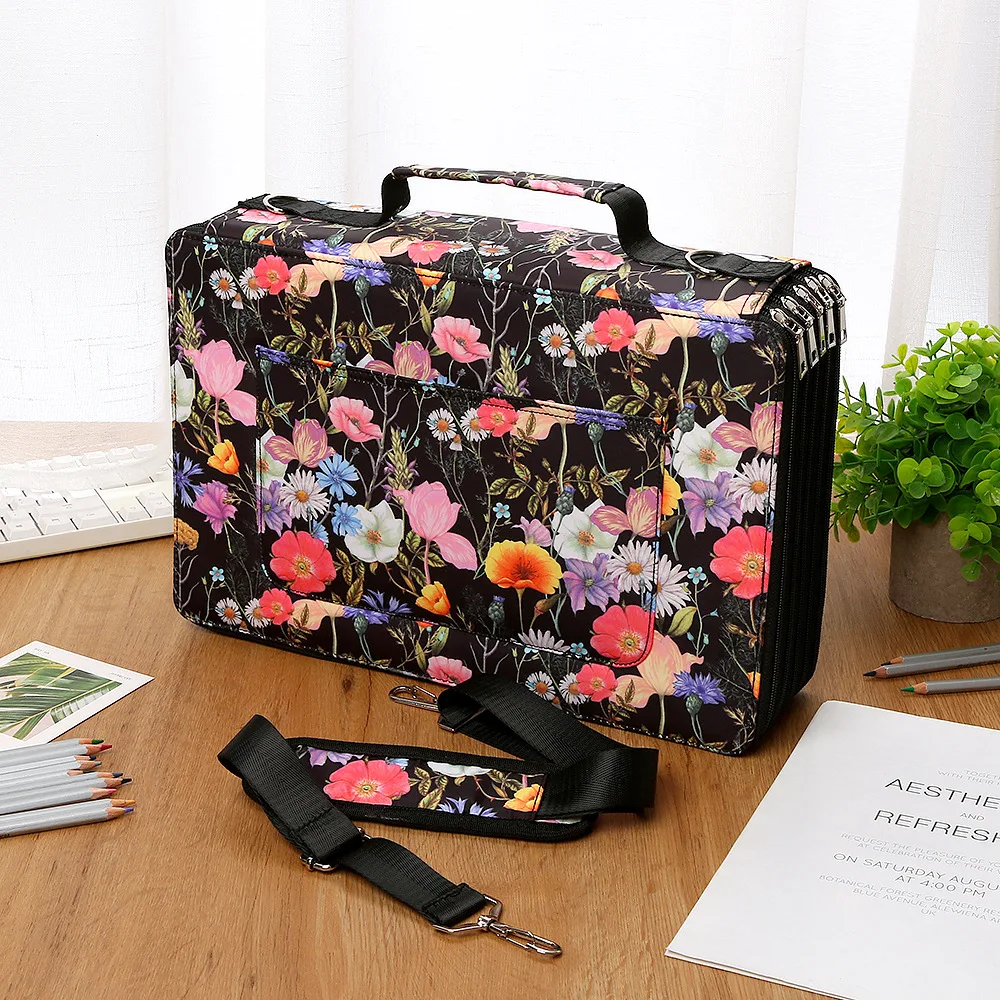 Colorful Flower Pattern 480 Slots 5 Layer Zipper Portable Shoulder Strap Polyester Pencil Case Holder Large Capacity Art Supply
