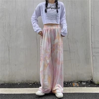 sports womens trousers all match elastic high waist tie dyed loose straight leg trousers fashion casual harajuku jogging pants