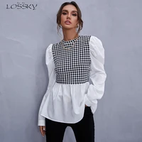 women elegant houndstooth shirt fashion ruffle stitching fluffy long sleeve top casual chic ladies blouse office white shirts