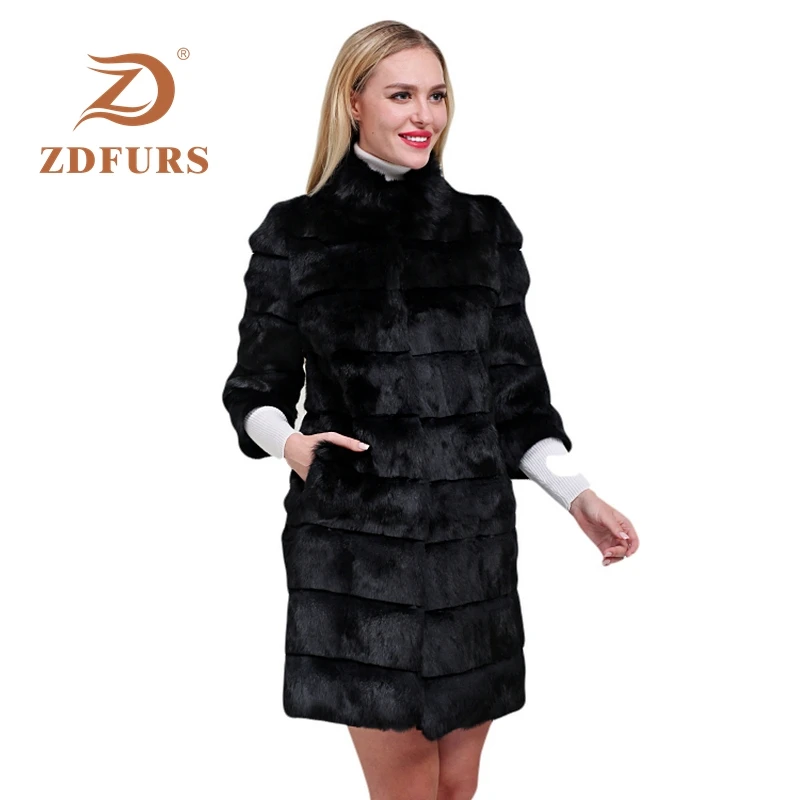 ZDFURS* 2019 New Winter Real Rabbit Fur Jacket Warm Soft Long Fur Coat Women Rabbit Fur Coat Detachable Overcoat Jacket
