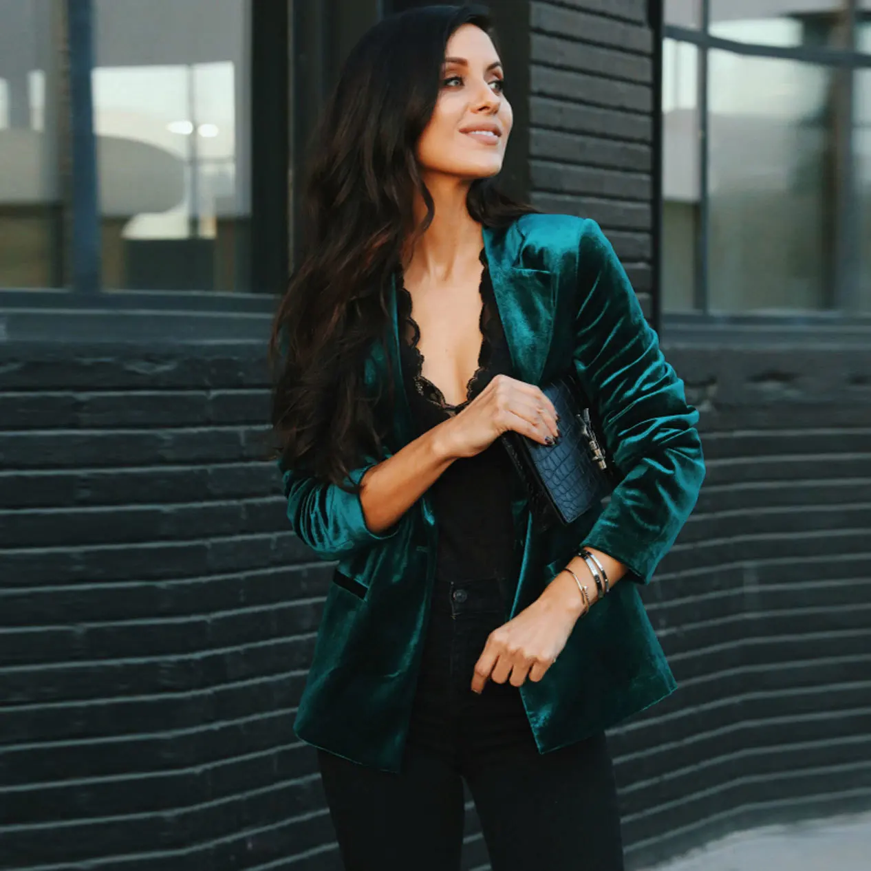 

Autumn 2021 New Women's Coat Top Slim-Fit Long-Sleeved Pleuche Green Color Black Wine Red Small Suit