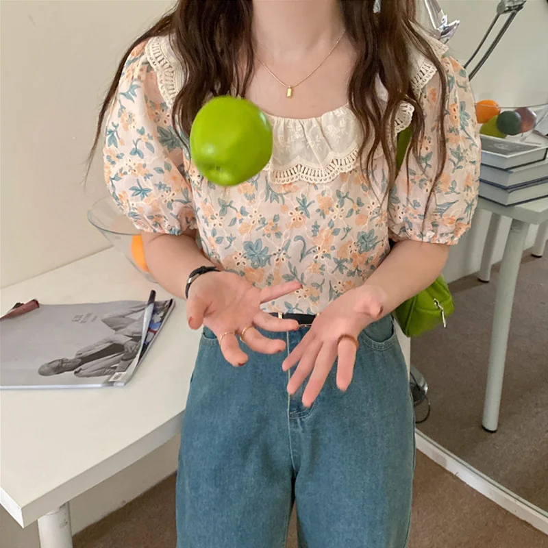 

TVVOVVIN Print Floral Women Blouses Peter Pan Collar Summer Puff Sleeve Vintage Blusas Mujer 2021 Korean Chic Sweet Shirts ZI4F