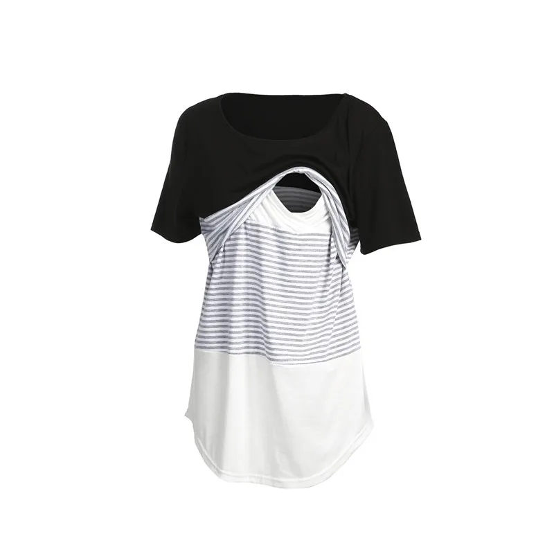 Camiseta de lactancia de maternidad para mujer, Tops de lactancia, camiseta de manga corta a rayas de talla grande, S-2XL-3