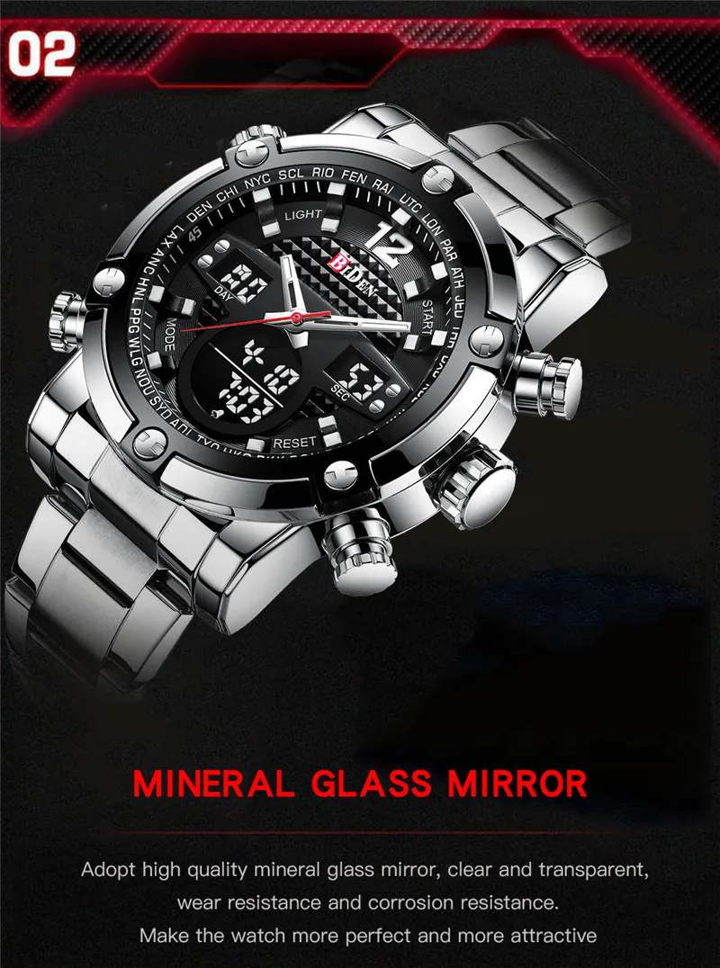 BIDEN Mens Watches Top Brand Quartz Watch for Male Wristwatch Silver Stainless Steel Links Waterproof Calendar Display 0112 | Наручные