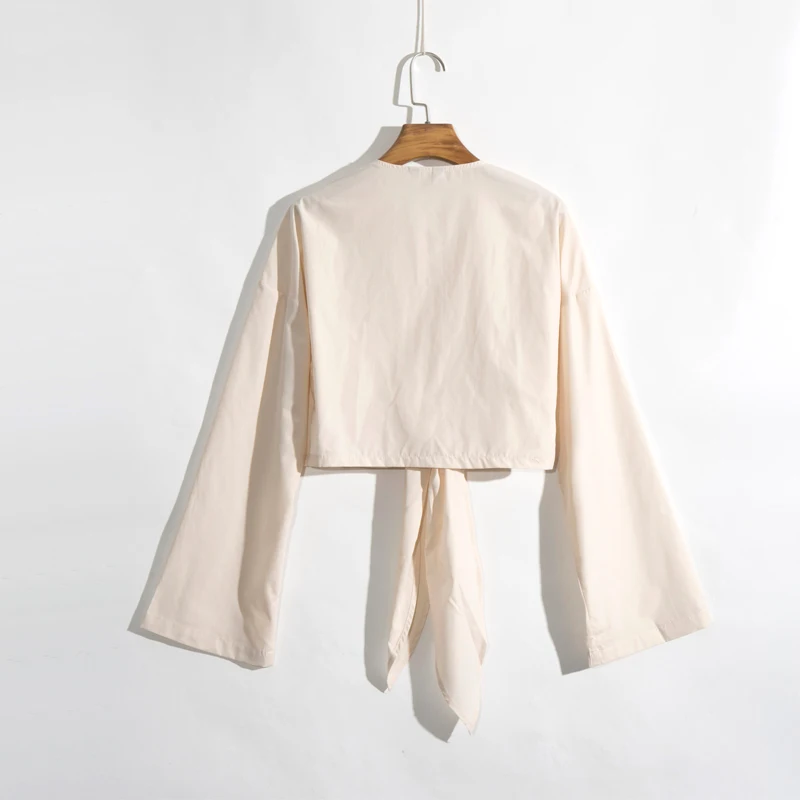 

Summer women's shirt casual solid color V-neck long-sleeved bow decoration short shirt