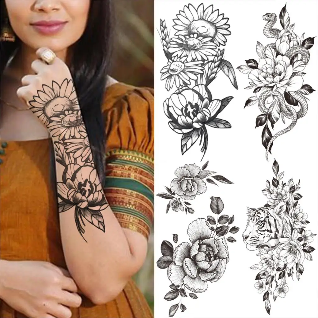 

Временные татуировки в виде подсолнуха для женщин, взрослые, Мамба, змея, тигр, искусственная татуировка, сексуальные татуировки на предпле...