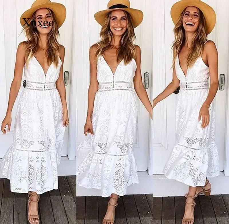 

2021 Summer Women's Sexy Lace Dress Female V Tie Button Casual White Dress Female Street Wear Open Back Dress Fashion