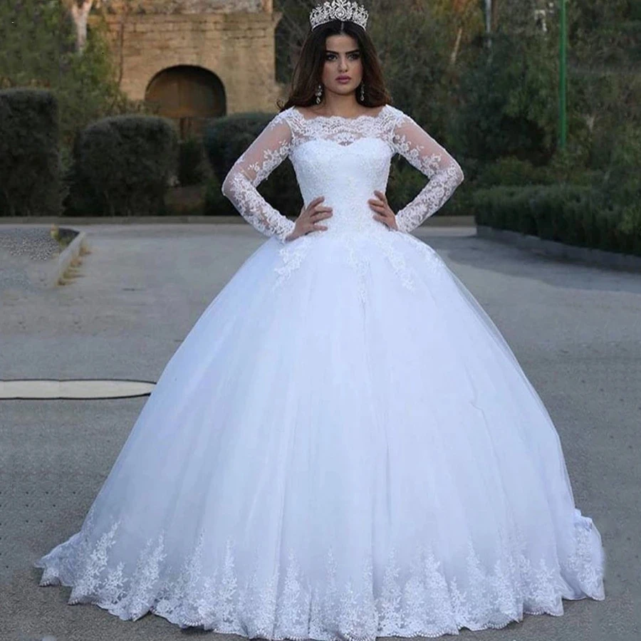 

Vintage White Lace Appliques Long Sleeves Cheap Wedding Dresses Ball Gown Wedding Gowns Bridal Dress vestido de noiva