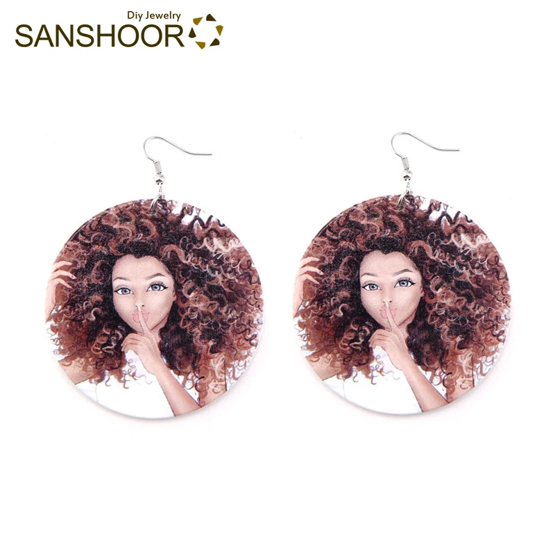 Женские серьги-подвески SANSHOOR деревянные висячие серьги с принтом кудрявых волос