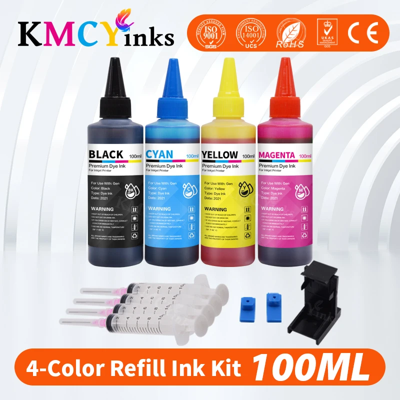 

KMCYinks 100ml Dye Ink For HP 123 XL Refill Ink Cartridges For hp 121 122 650 129 21 22 140 141 652 178 364 564 655 678 862 XL