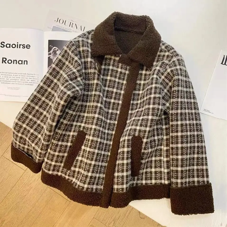 

Fur one-piece lamb hair short coat female 2021 winter new loose thick plaid motorcycle suit plus velvet cotton coat